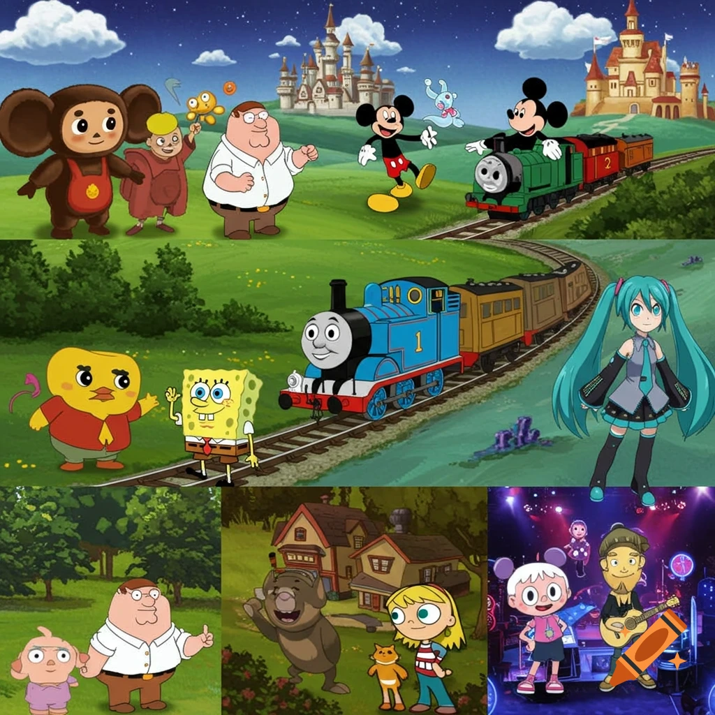 A collage of various cartoon characters including Peter Griffin, Mickey Mouse, Thomas the Tank Engine, Spongebob, Cheburashka, and Hatsune Miku, in an animated style.
