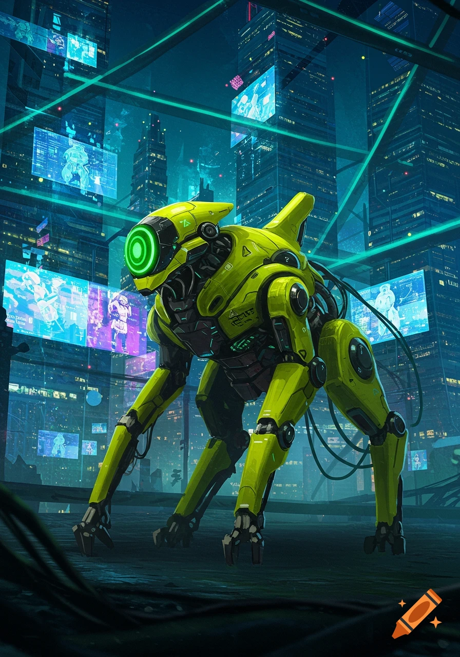 A chartreuse quadrupedal protogen robot stands in a neon-lit cyberpunk city at night, with glowing screens and tall buildings in the background. Digital art style.