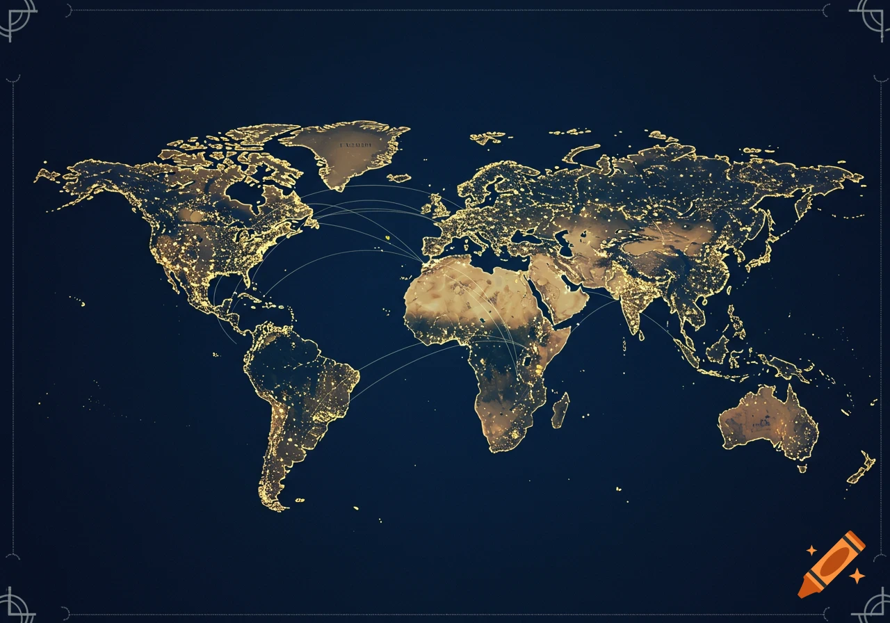 Stylized world map at night showing city lights across continents and curved lines indicating global connections.