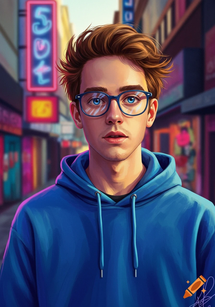 A stylized digital illustration of a young man with brown hair and blue glasses, wearing a blue hoodie, looking forward on an urban street with neon signs.