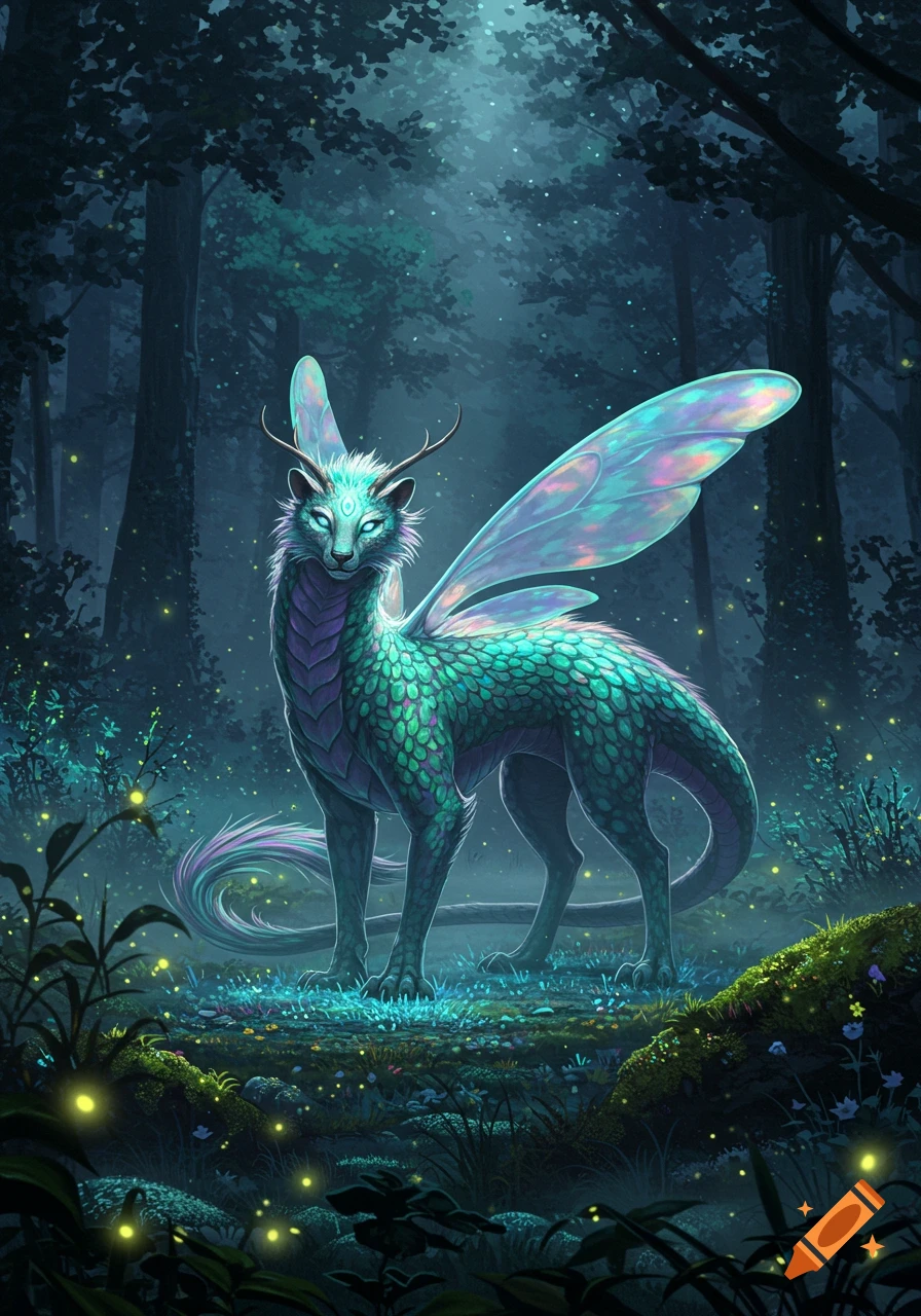 A glowing green and purple winged creature with small antlers and scales stands in a dark, magical forest with sparkling lights.