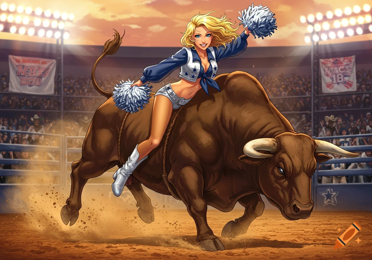 An anime-style Dallas Cowboys cheerleader rides an angry bull in a rodeo arena, holding pom-poms.
