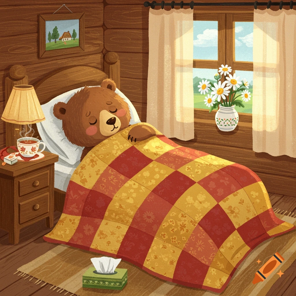 A cute cartoon bear sleeps soundly under a red and yellow quilt in a cozy log cabin bedroom, with tissues and tea nearby.