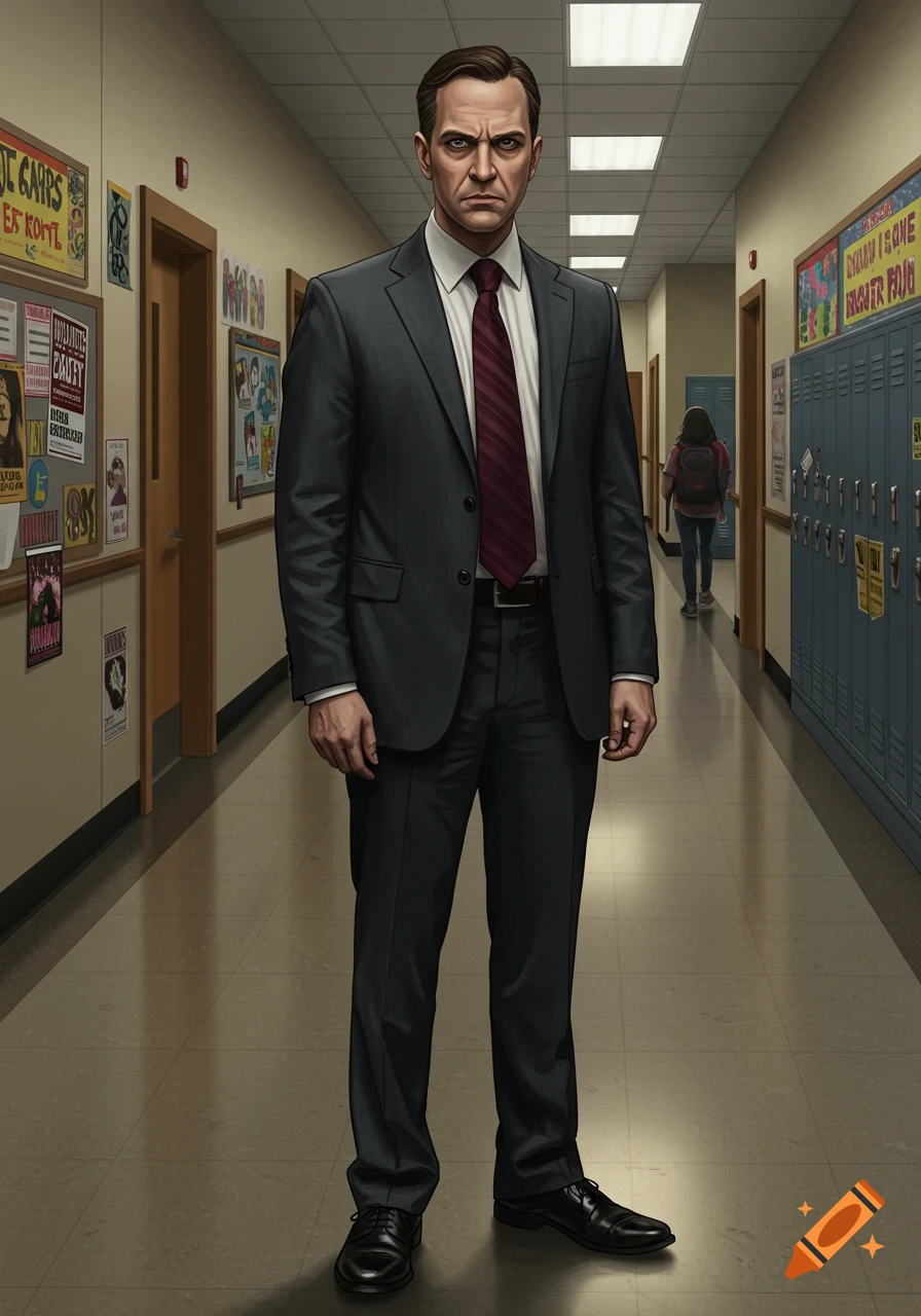 A stern man in a dark suit and red tie stands in a school hallway, looking at the viewer. A student walks away in the background. Photorealistic art.