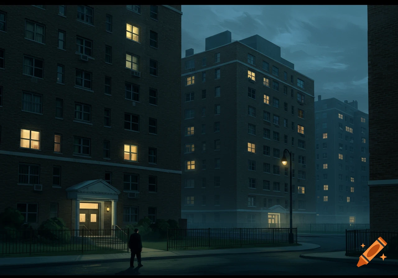 A lone figure walks past large brick apartment buildings with glowing windows at night, in the style of Edward Hopper.