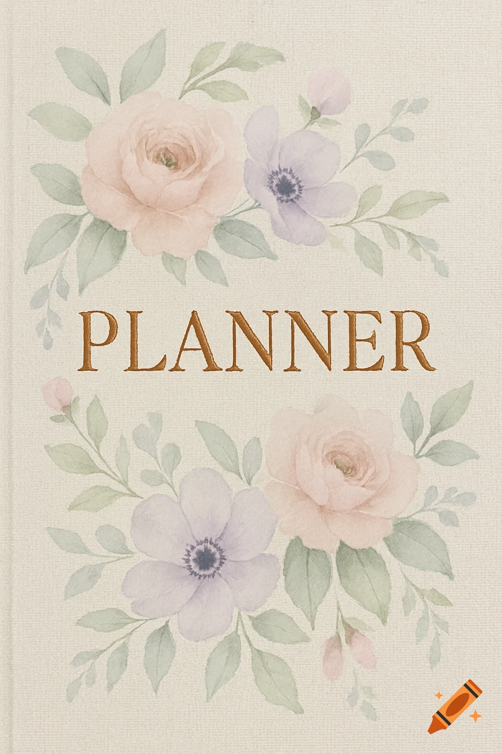 Planner cover with a brown serif 'PLANNER' title, surrounded by soft pink and purple watercolor flowers and green leaves on a textured linen background.