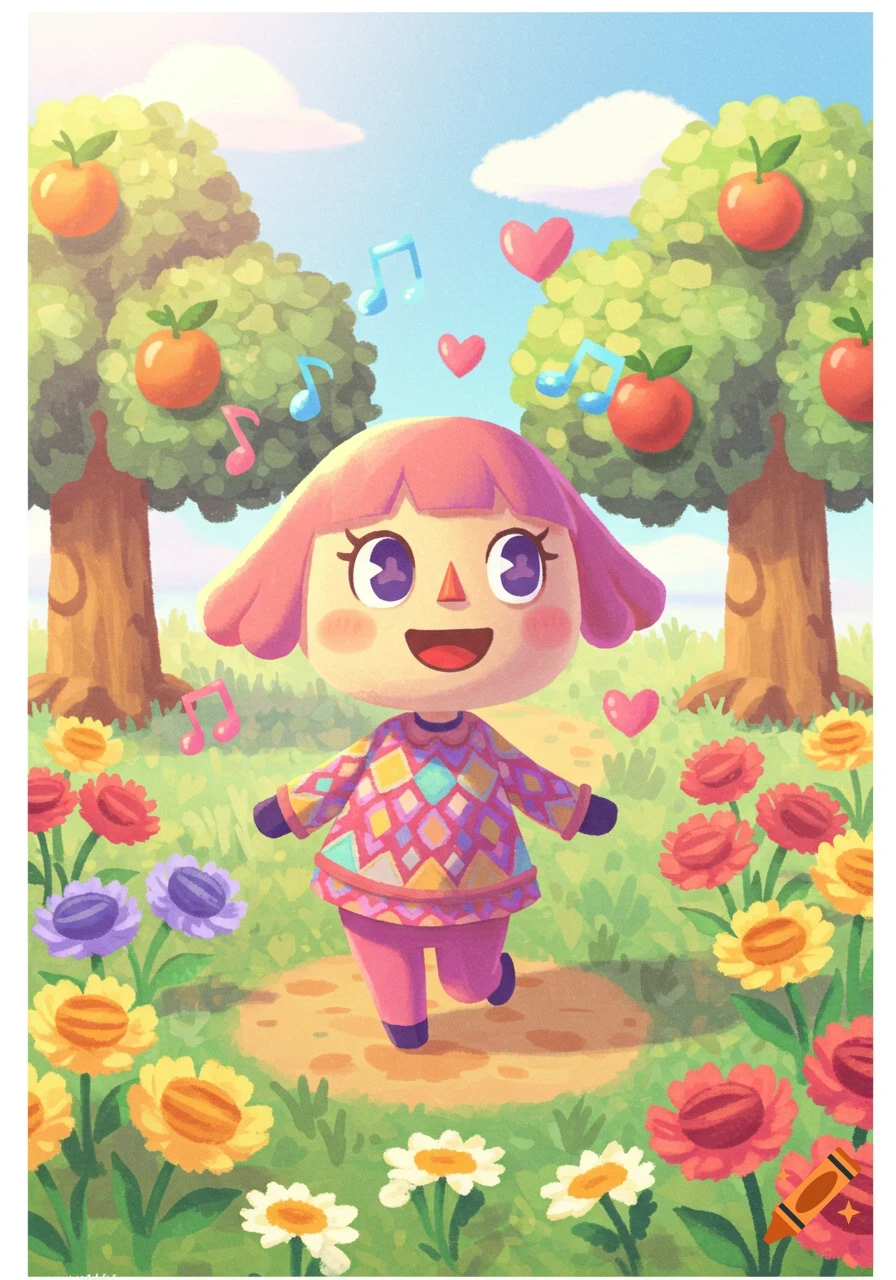 A cheerful, pink-haired Animal Crossing character in a colorful sweater walks through a vibrant field of flowers and apple trees under a sunny sky, with musical notes and hearts.