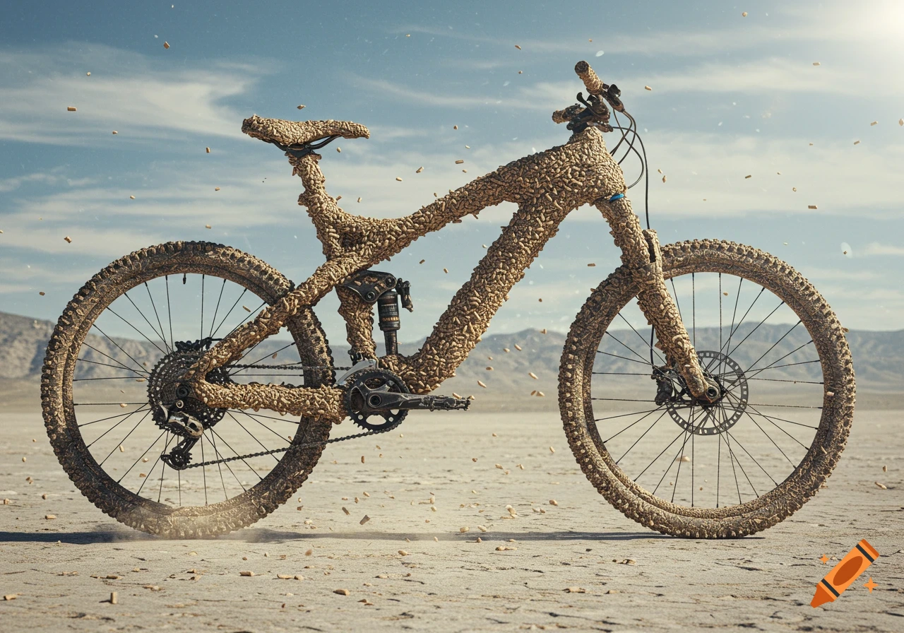 Photorealistic mountain bike entirely covered in cat litter, on a dusty desert floor under a blue sky.