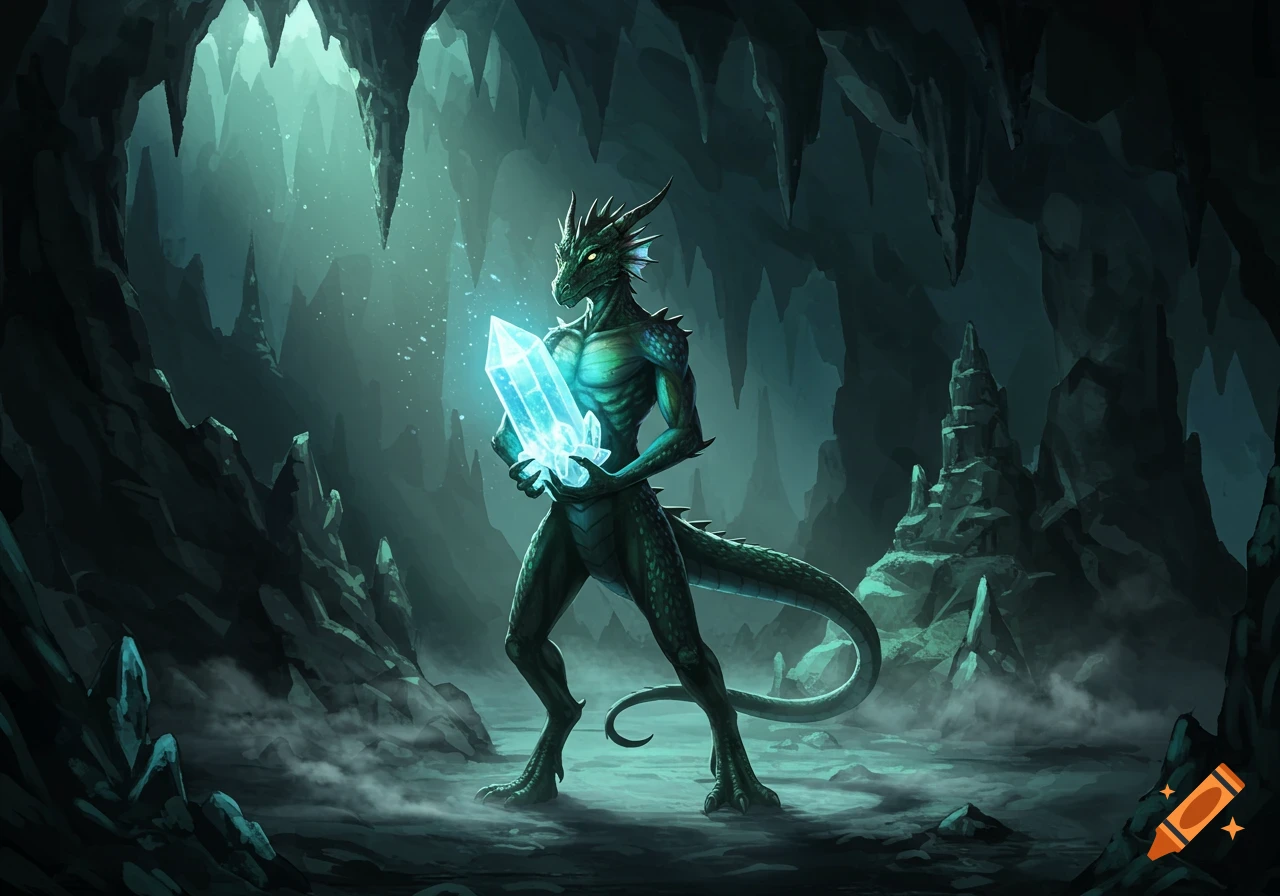 A green, dragon-like creature with horns holds a glowing blue crystal in a dark, atmospheric cave.