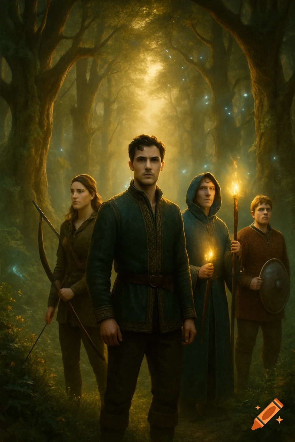 Four young adults, dressed in fantasy attire, stand in a golden-lit, mystical forest with glowing fireflies, depicted in a realistic art style.