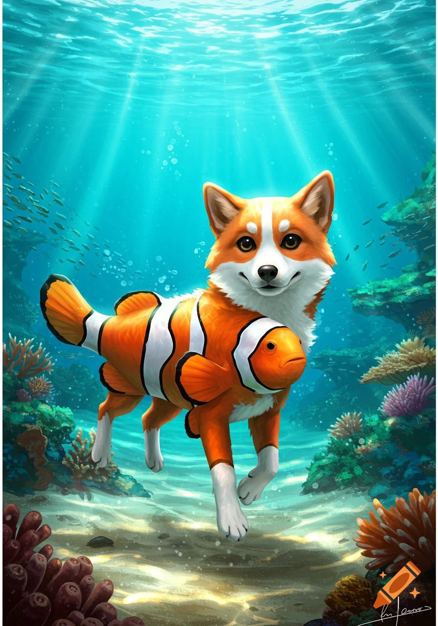 A vibrant illustration of a cute corgi dog mixed with a clownfish, swimming underwater among coral reefs and small fish.