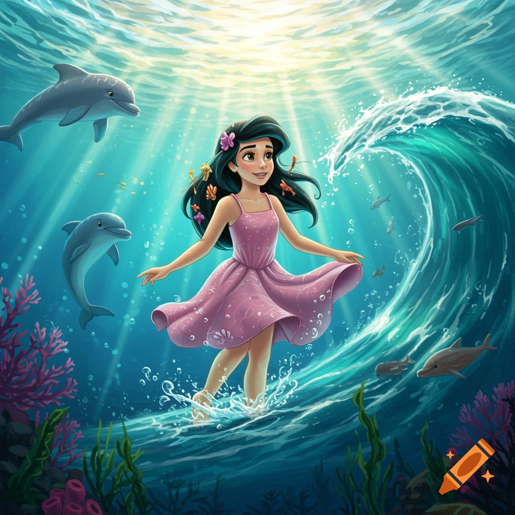 Cartoon girl in pink dress walking on water, surrounded by dolphins, fish, and coral in a sunny underwater scene.