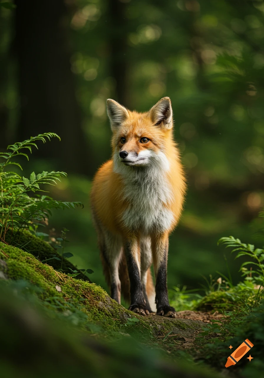 A photorealistic red fox with white and black markings stands on a mossy forest floor, surrounded by lush green foliage.