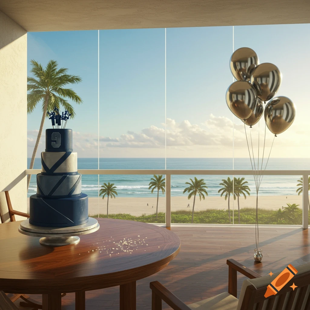 A multi-tiered birthday cake in blue and white on a table, with a beach and ocean view from a balcony, under a sunny sky.