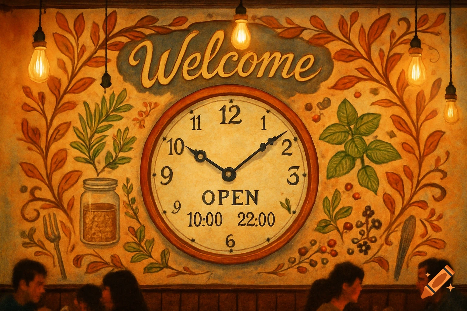 An artistic painting of a restaurant wall featuring a 'Welcome' sign, a large clock showing 'OPEN 10:00 22:00', and decorative leaves, with blurred people in the foreground.