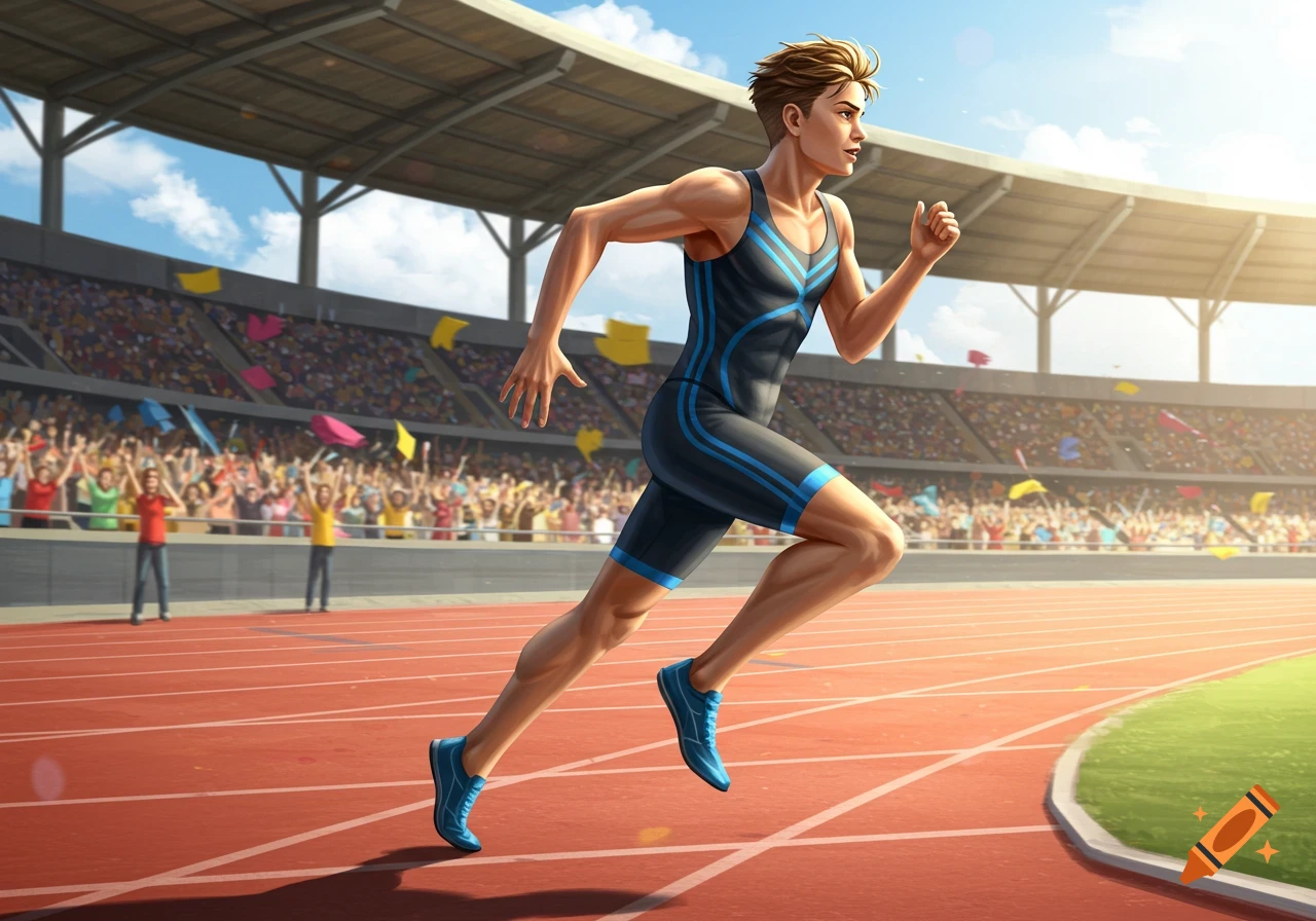 A male athlete runs on a red track in a stadium, with a cheering crowd in the background, in a digital art style.