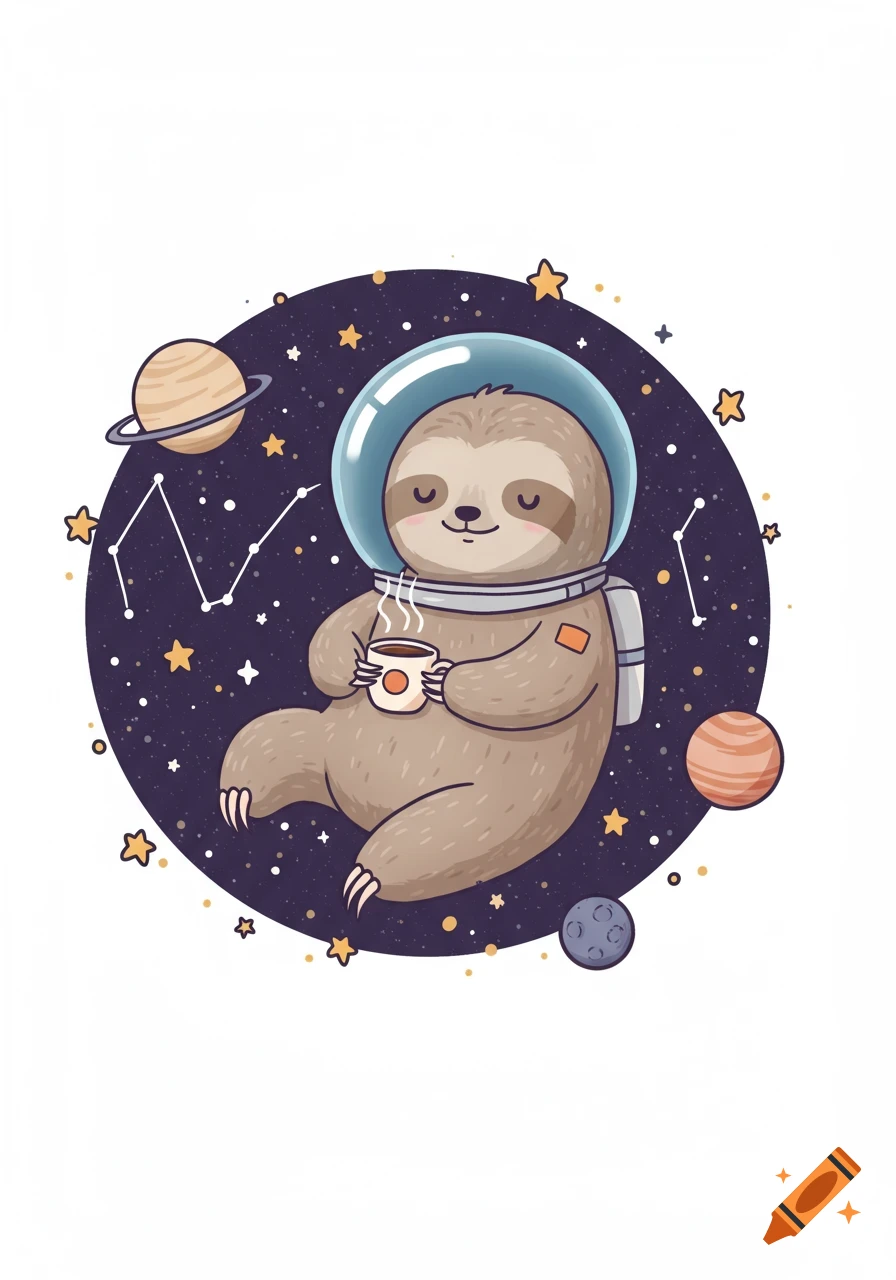 A cute cartoon sloth in an astronaut helmet floats in space, holding a steaming coffee cup, surrounded by planets and stars.