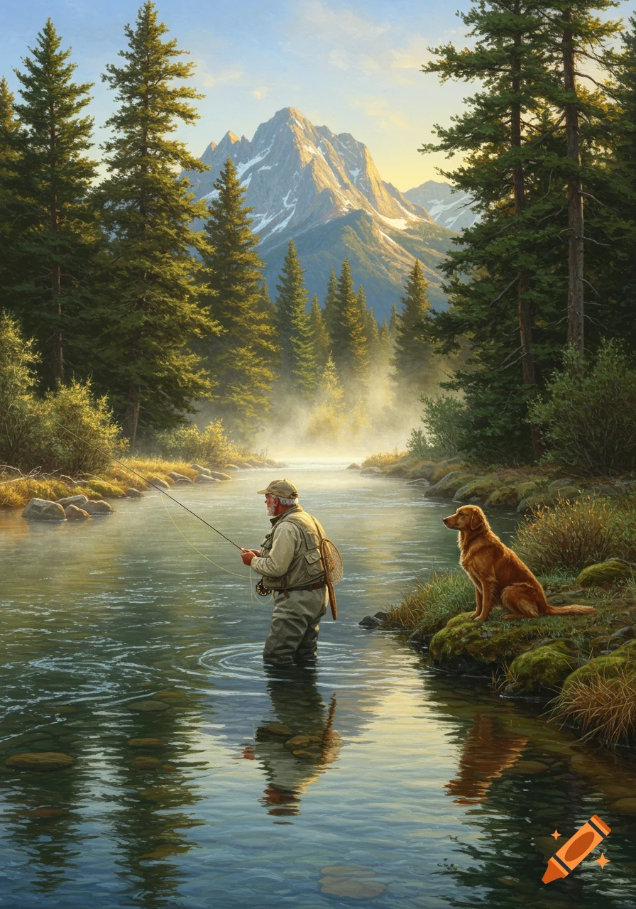 A photorealistic painting of a man fly fishing in a misty mountain stream with his golden retriever sitting on the bank.