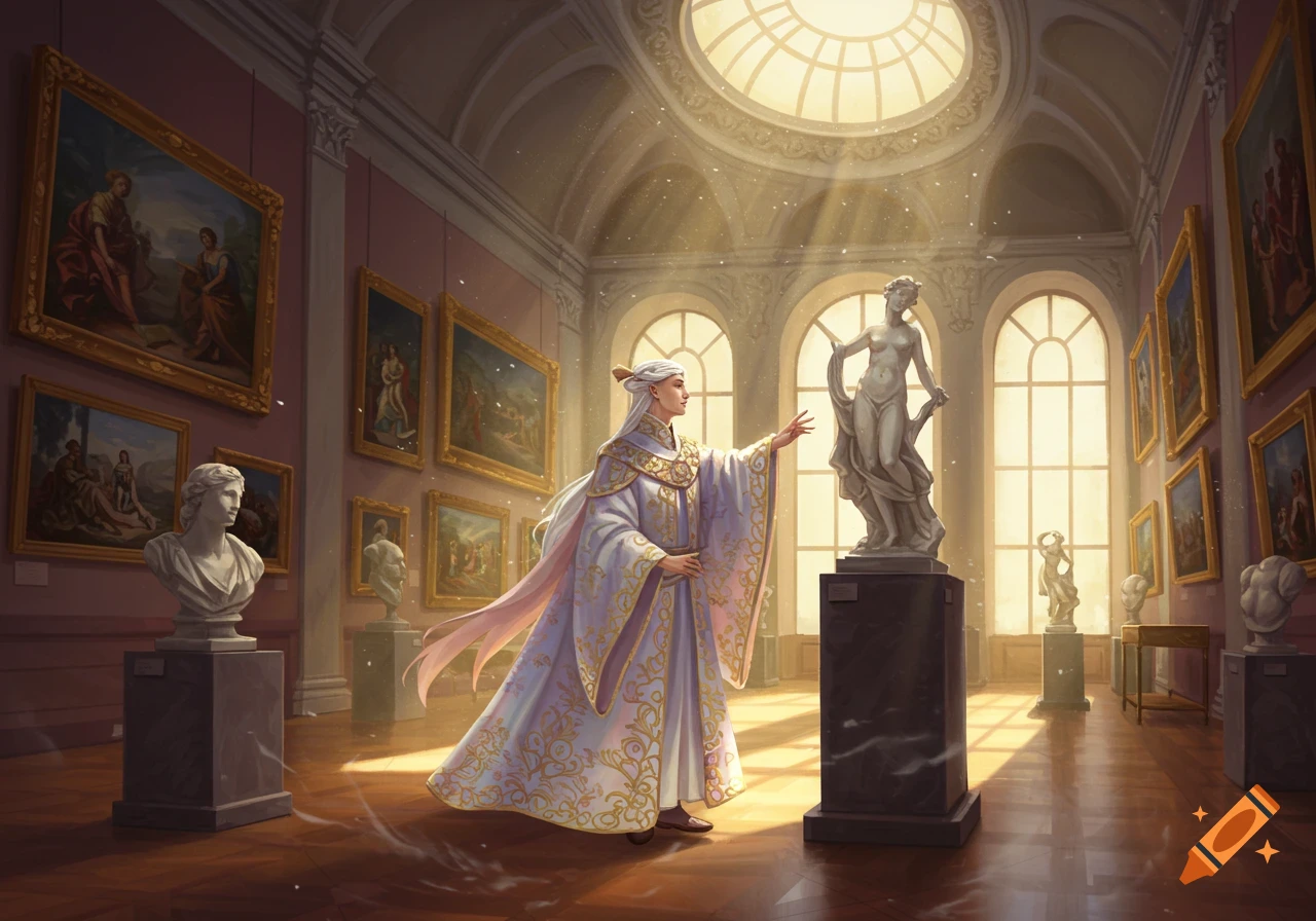 A fantasy figure in elaborate white and gold robes stands in a grand museum, gazing at a classical nude statue bathed in sunlight from a domed ceiling. Paintings and busts line the walls.