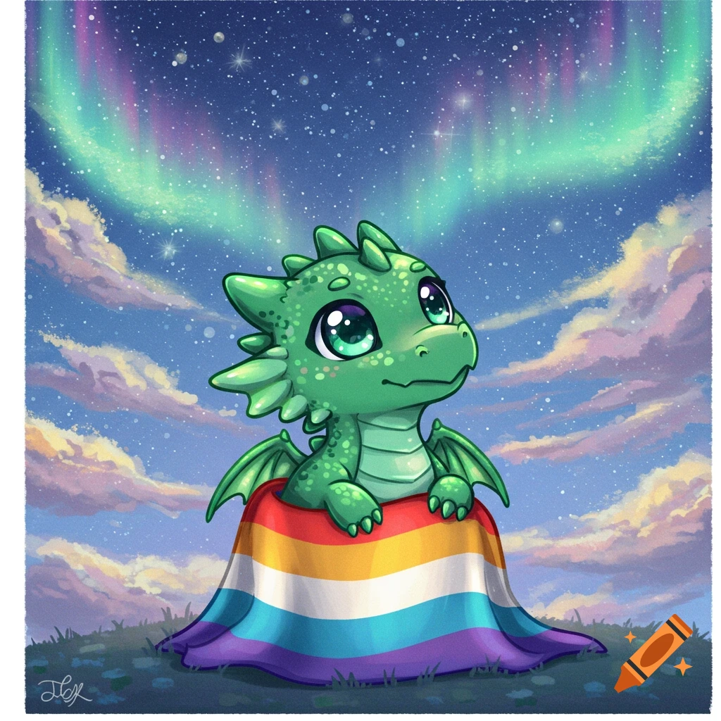 A cute green chibi dragon wrapped in a progress pride flag looks up at a mystical night sky with aurora borealis, cartoon illustration.