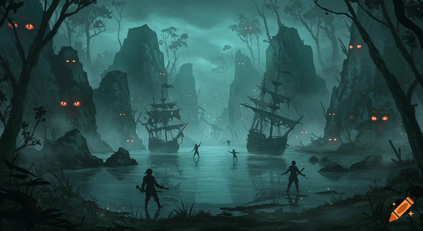 Eerie dark fantasy art of silhouetted pirates in a misty lagoon with ruined ships, surrounded by glowing-eyed cliffs and trees.