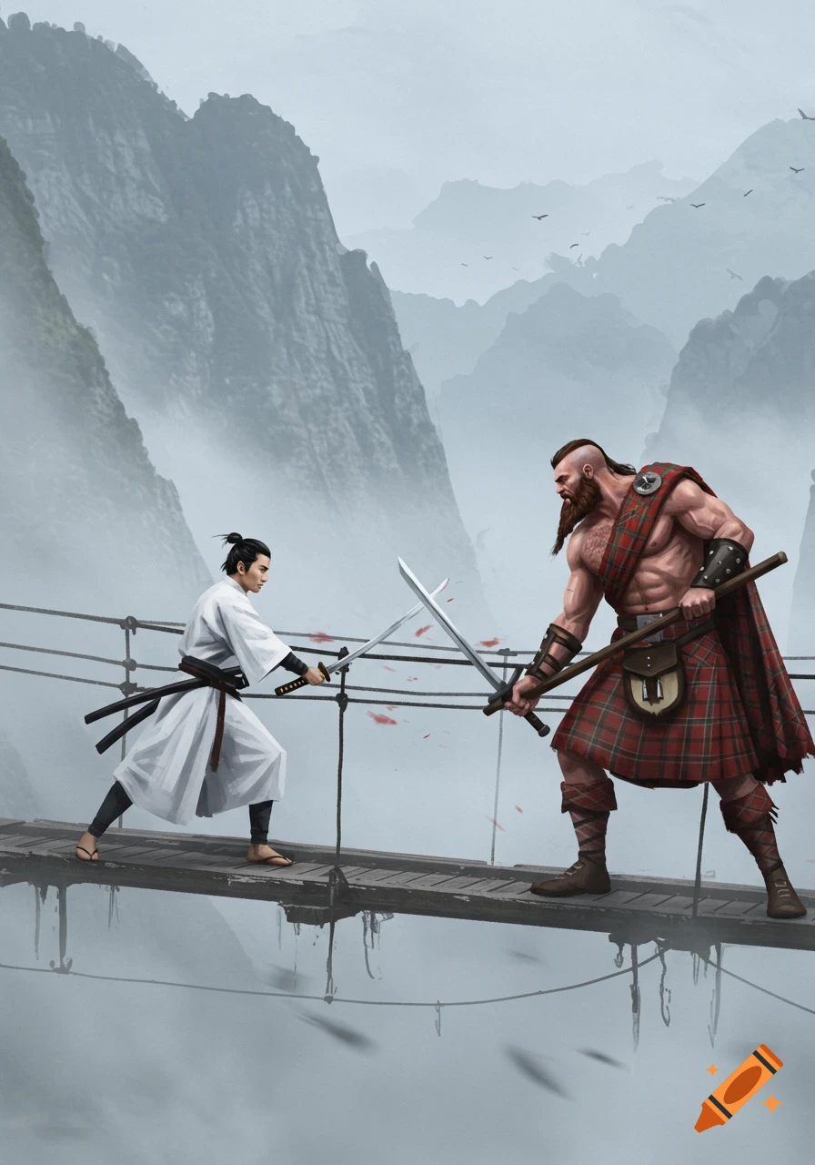 A samurai in white robes and a kilt-clad Scotsman with a claymore duel on a suspension bridge amidst foggy mountains.