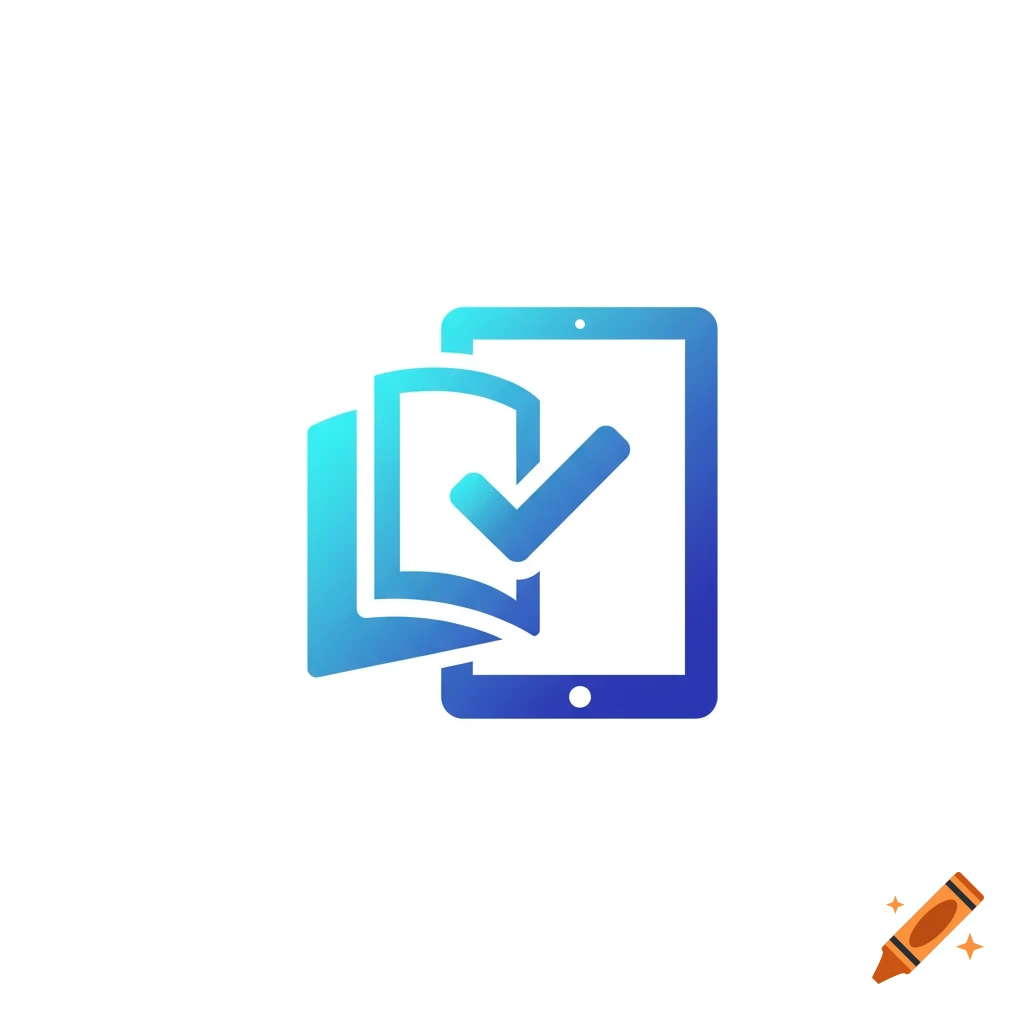 Stylized blue and turquoise gradient icon depicting an open book overlapping a tablet, with a large checkmark inside.