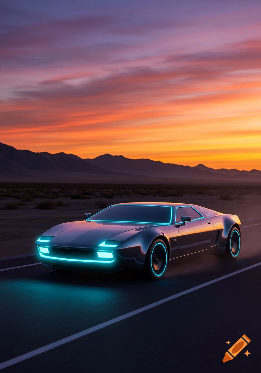 Sleek, dark futuristic car with neon blue lights driving on a desert road at sunset, mountains in background.
