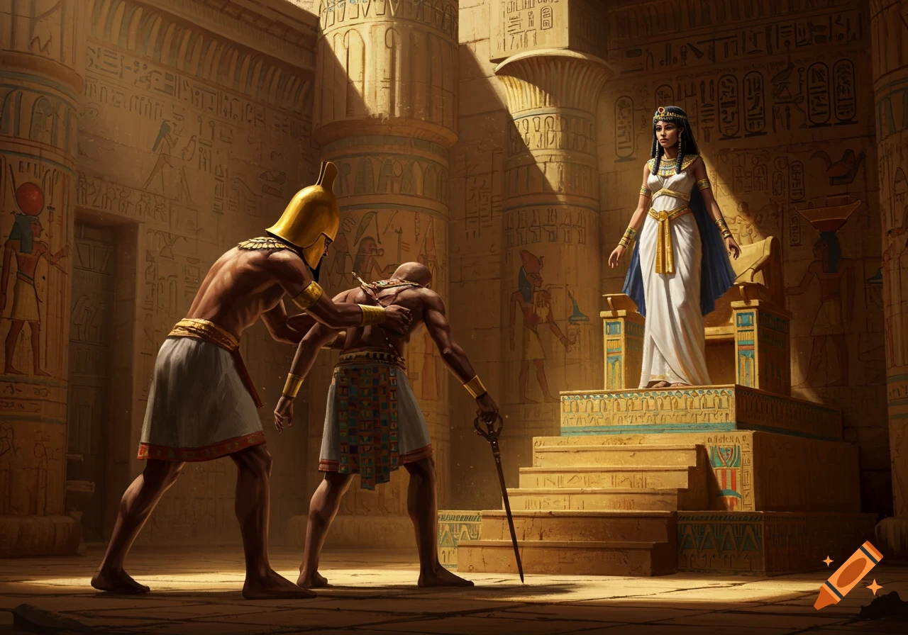 Ancient Egyptian princess on a throne watches as two soldiers capture a man in a temple with hieroglyphs.