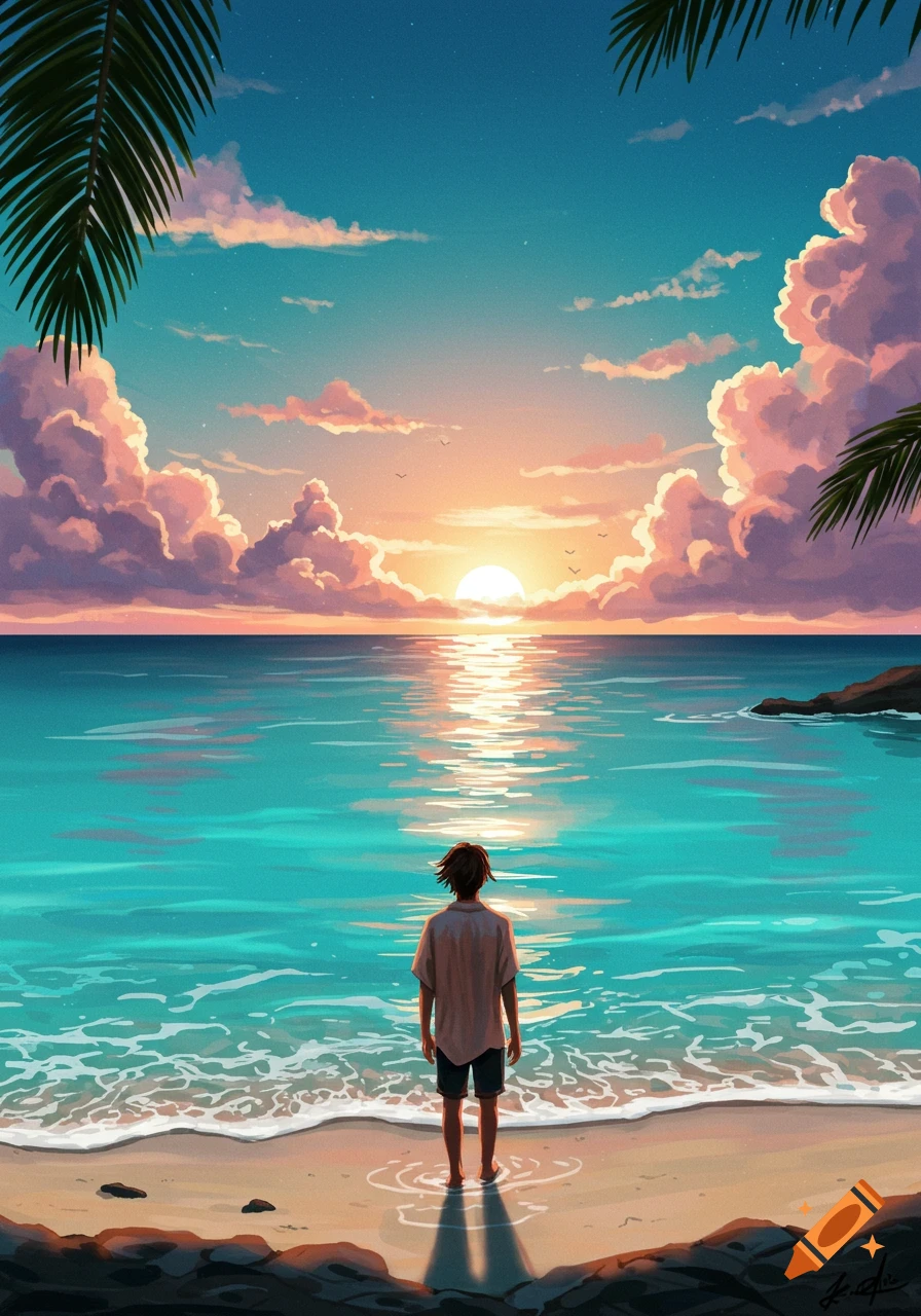 An anime-style person stands on a sandy beach, looking out at a vibrant sunset over the tranquil ocean with pink clouds.