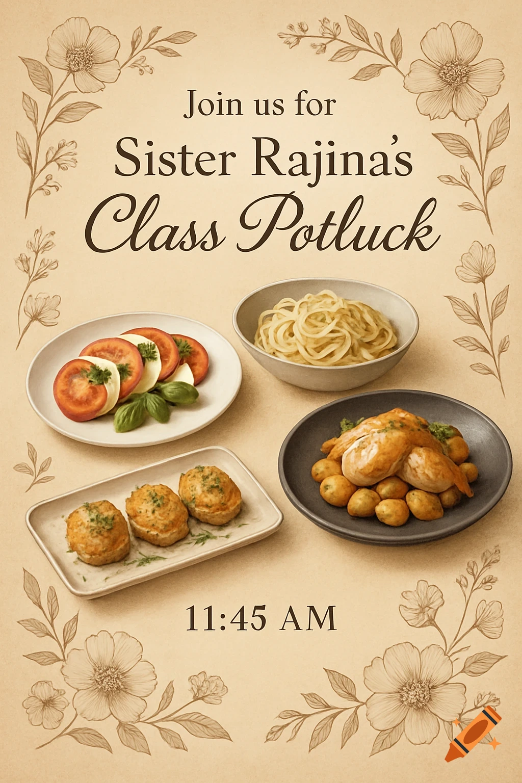 Vintage-style flyer for Sister Rajina's Class Potluck at 11:45 AM, with food dishes and a floral border.