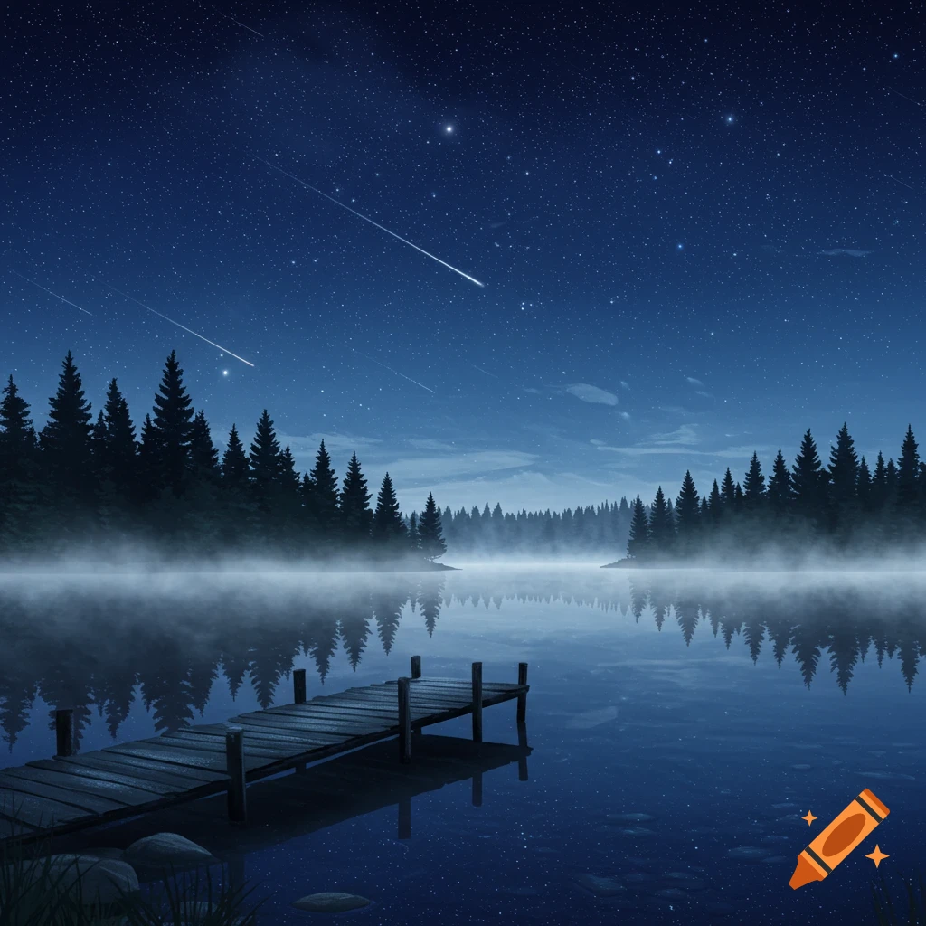 A wooden pier extends into a misty lake at night, surrounded by a dark forest under a starry sky with shooting stars.