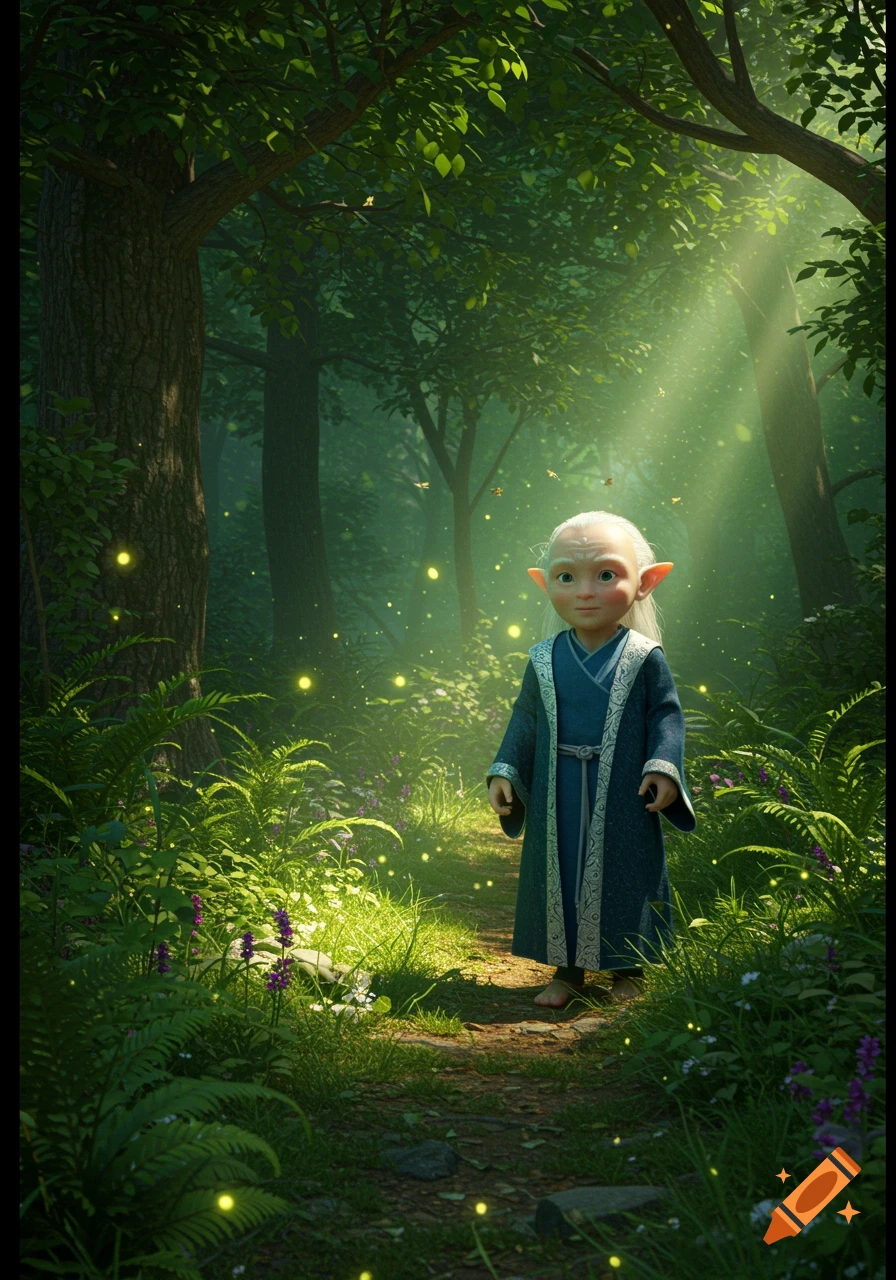 An old-looking elf child in a blue robe stands on a forest path with sunbeams and glowing fireflies.