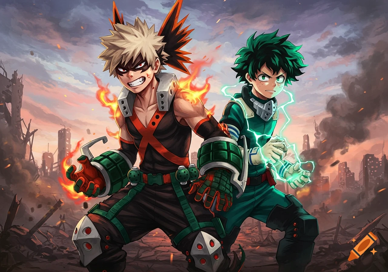 Anime art of Bakugo with explosions and Deku with lightning, ready for battle in a ruined city.