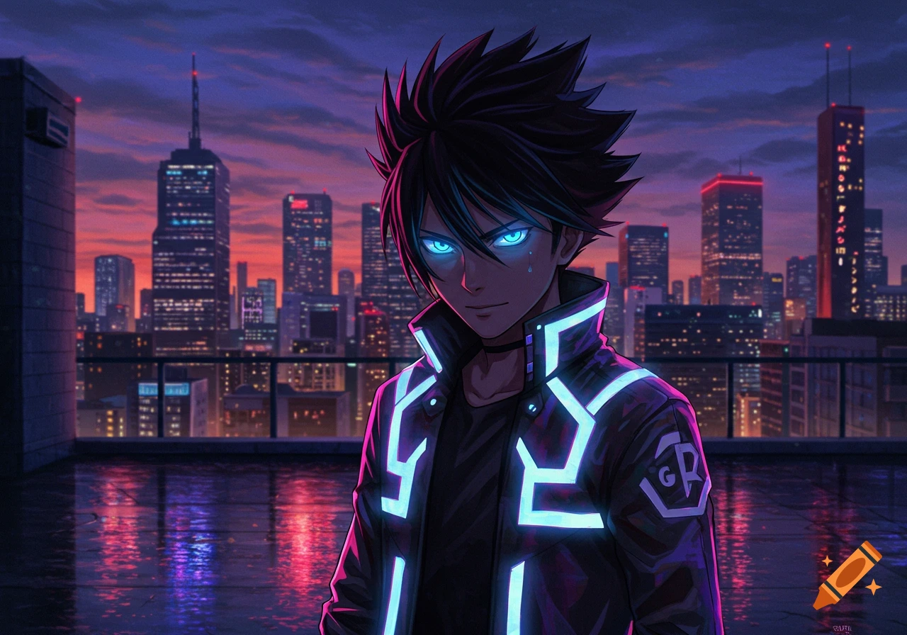 An anime guy with glowing blue eyes and a neon-lit jacket stands on a city rooftop at sunset, with skyscrapers in the background.
