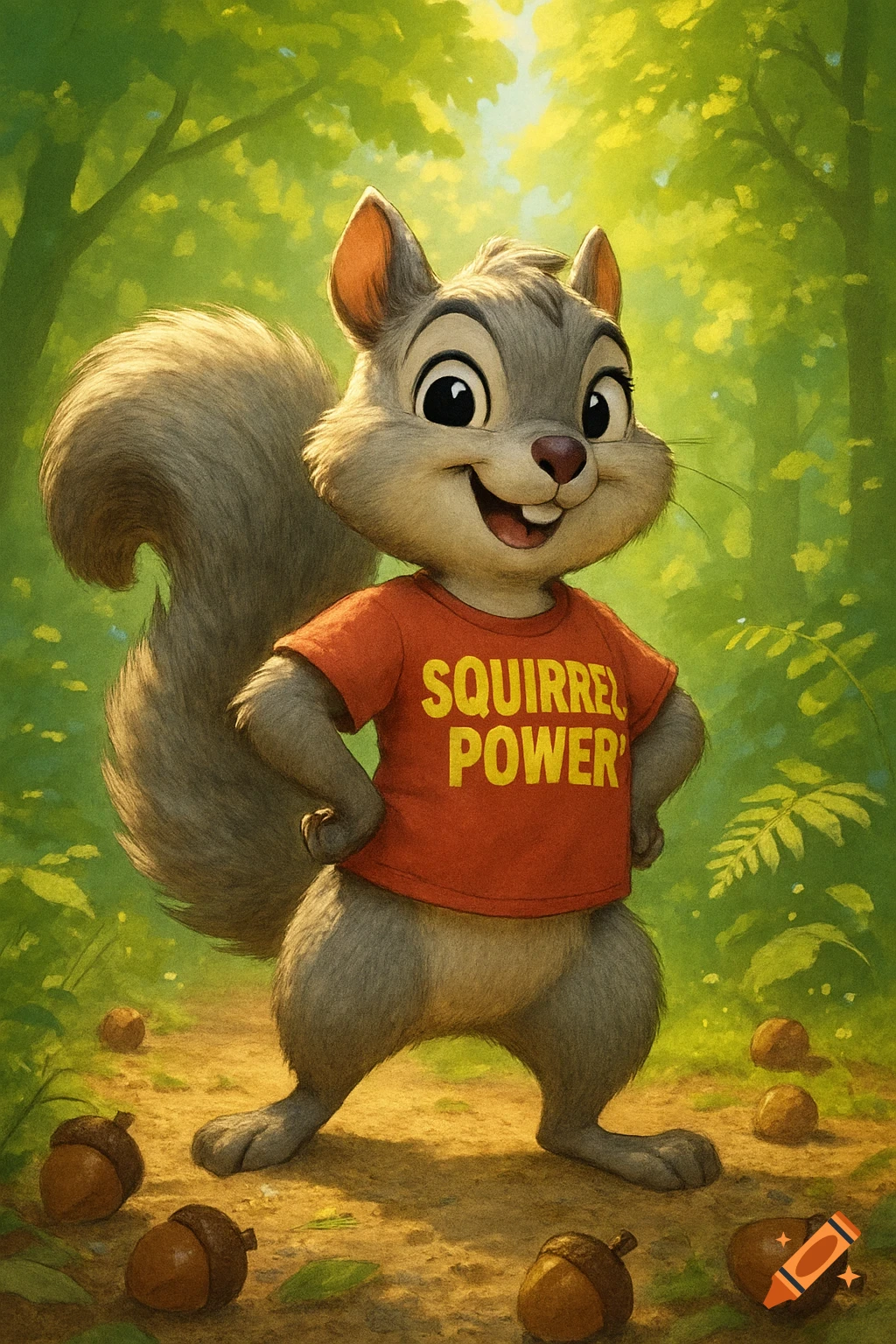 A cheerful cartoon squirrel wearing a red t-shirt with 'SQUIRREL POWER' on it, standing in a sunny forest among acorns.