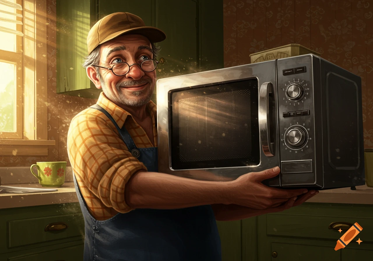 A happy, elderly man in a plaid shirt and overalls holds a new microwave in a sunlit kitchen, rendered in a detailed, realistic style.