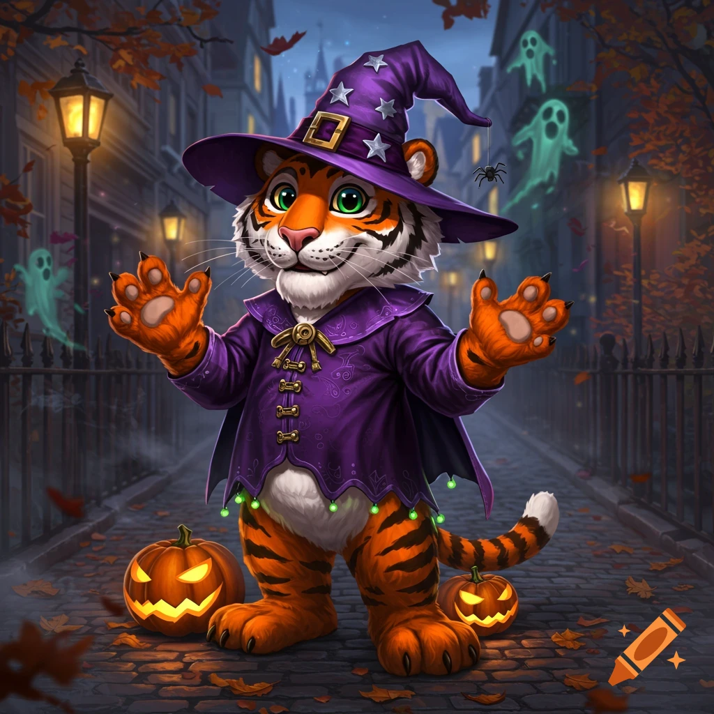 A cute cartoon tiger mascot in a purple witch hat and cloak on a Halloween-themed cobblestone street with pumpkins and ghosts.