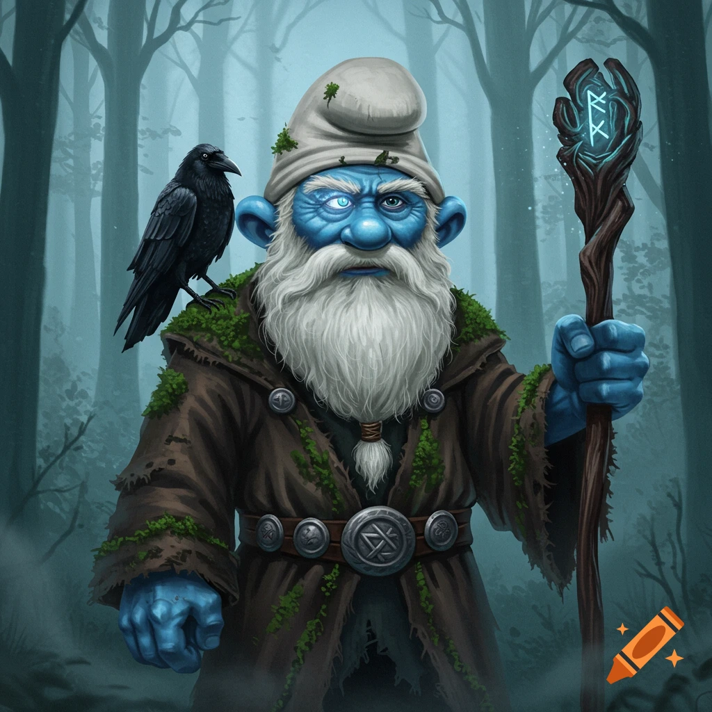 A grim, blue-skinned, one-eyed old man resembling Papa Smurf and Odin, with a white beard, mossy robe, raven, and glowing runic staff in a misty forest.