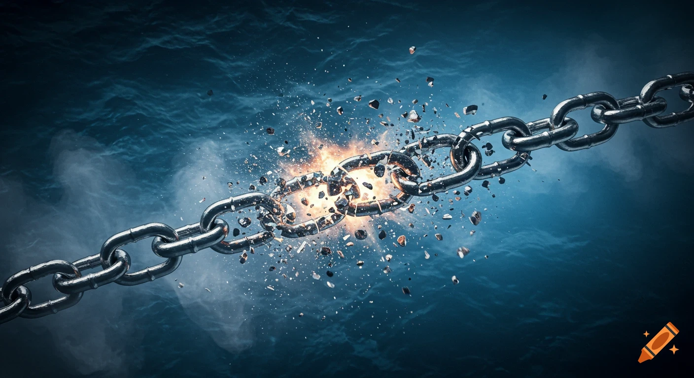 A silver metal chain with one link exploding into fragments and light over a dark blue wavy water background.