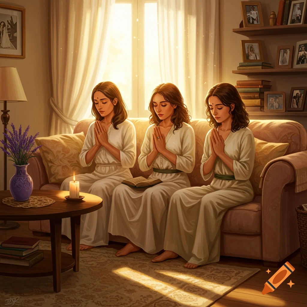 Three women praying on a couch in a sunlit living room, one holding a book.