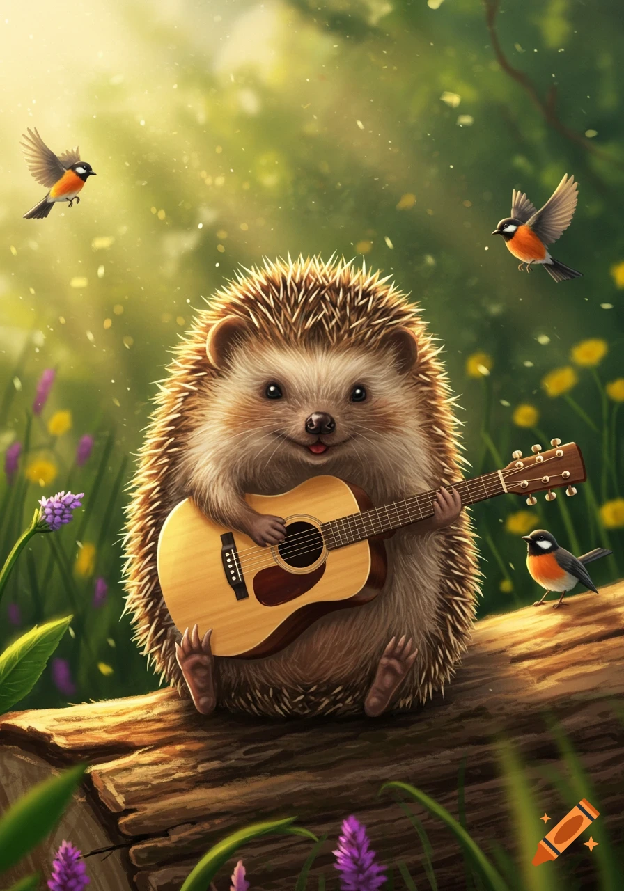 A cute, smiling hedgehog plays an acoustic guitar on a log in a sunny, whimsical forest with birds.