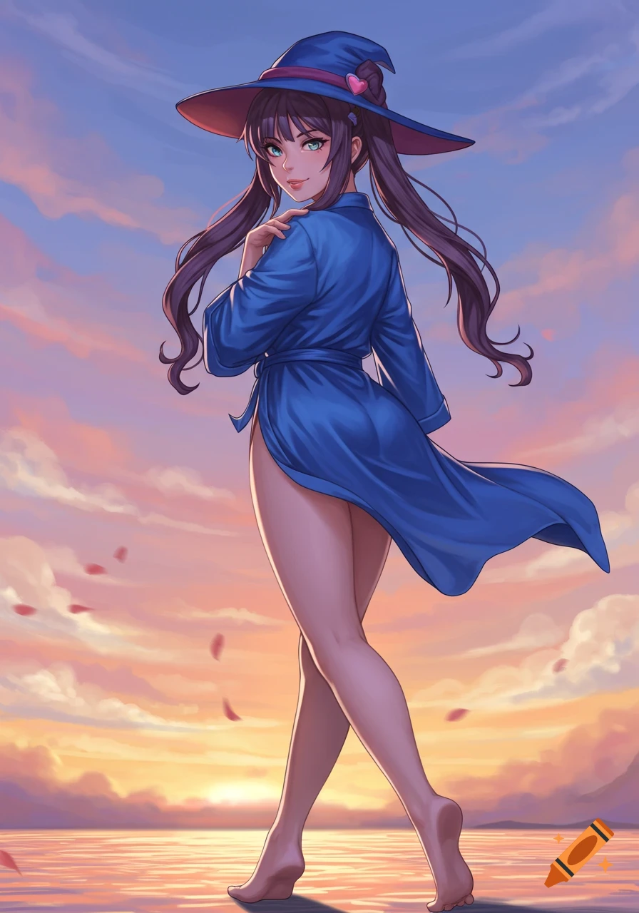 Anime girl in a blue robe and witch hat walking away on water at sunset, looking back with a playful smile. Pink petals fall around her.