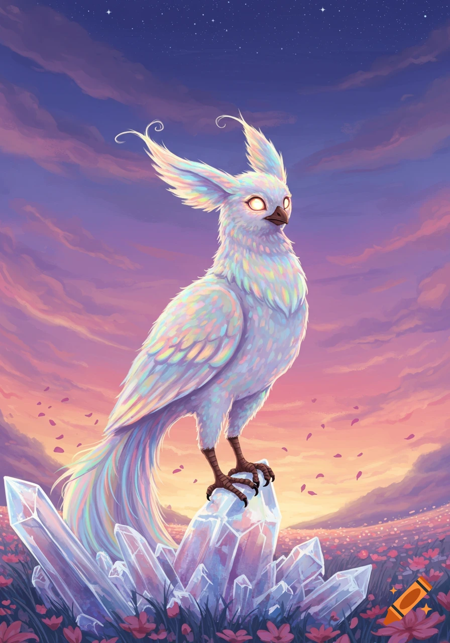 White iridescent fantasy bird-like creature standing on large crystals in a field of pink flowers under a vibrant sunset sky, digital art.