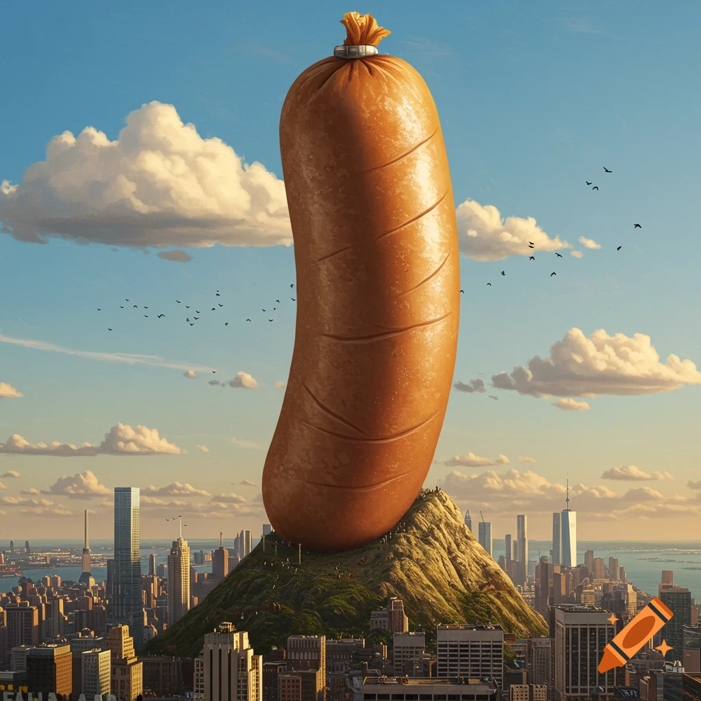 A photorealistic image of a colossal sausage standing upright on a mountain in the middle of a bustling cityscape.