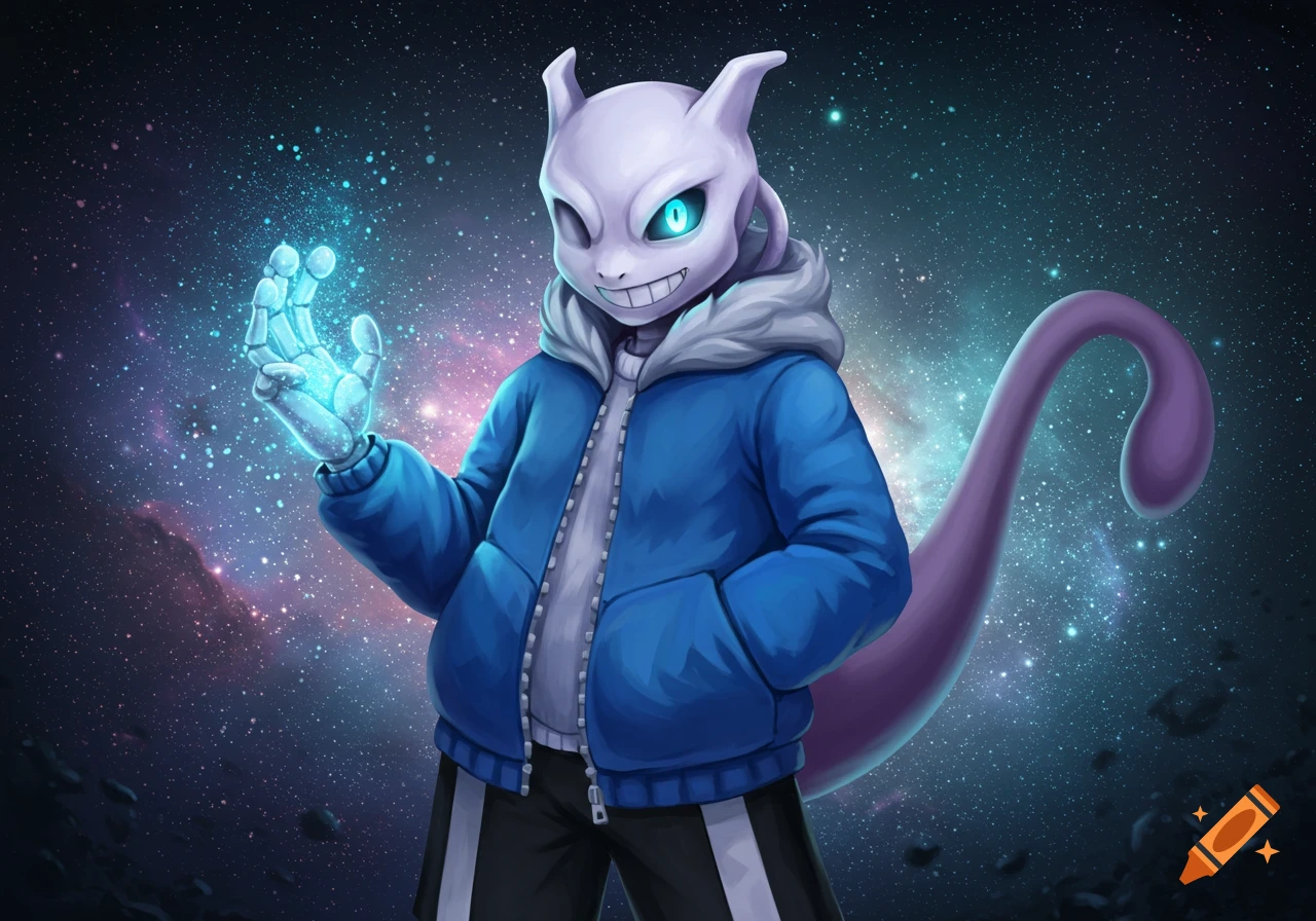 A hybrid Mewtwo-Sans character in a blue hoodie with a glowing hand stands against a vibrant galaxy background.