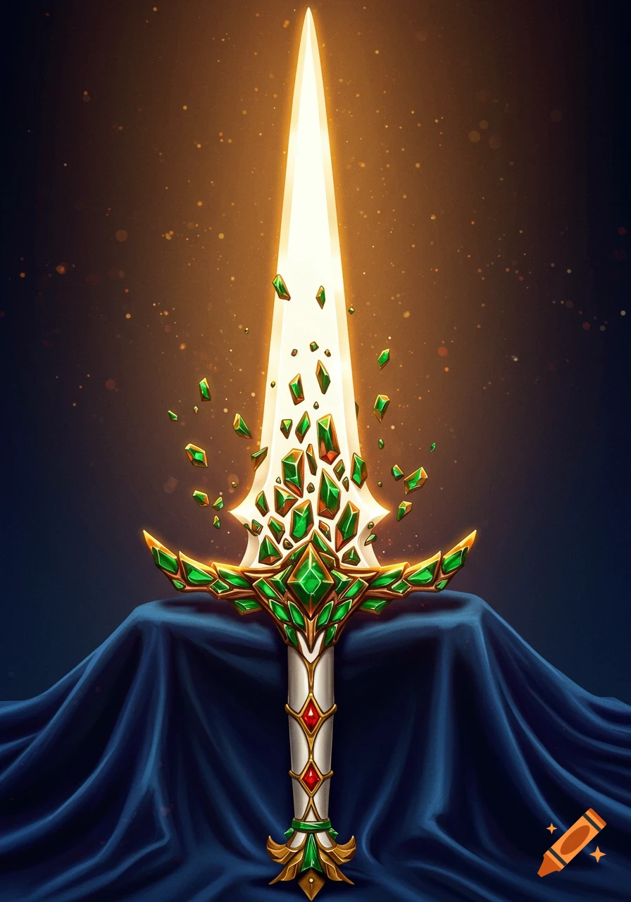 A radiant, stylized sword with a white, glowing blade fragmenting into green emerald shards, a gold and green jeweled hilt, set on blue cloth.