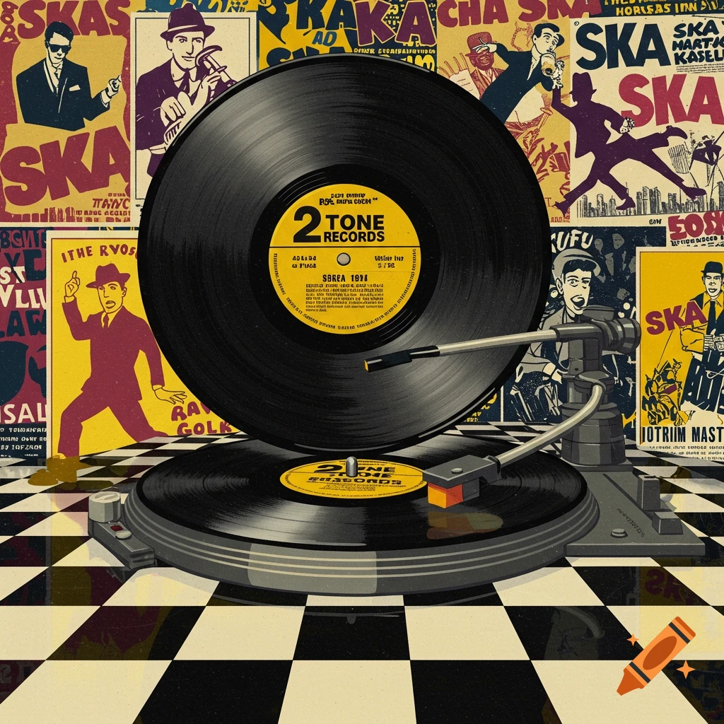 A retro-styled image featuring a turntable with a vinyl record, surrounded by a collage of ska-themed posters with dancing figures.
