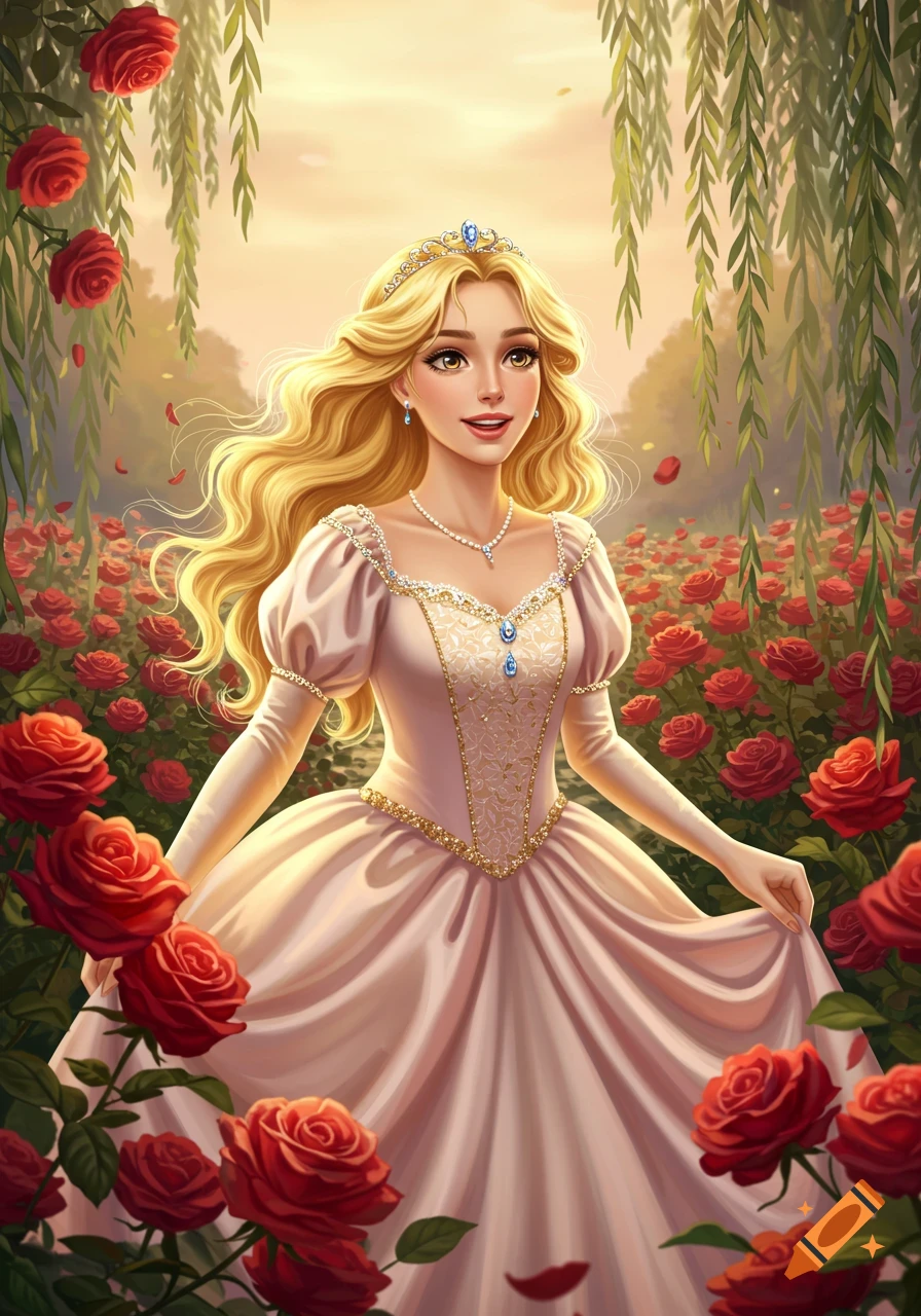 A smiling blonde princess in a pink gown stands in a lush rose garden with weeping willows under a golden sky, illustrated in a fantasy style.
