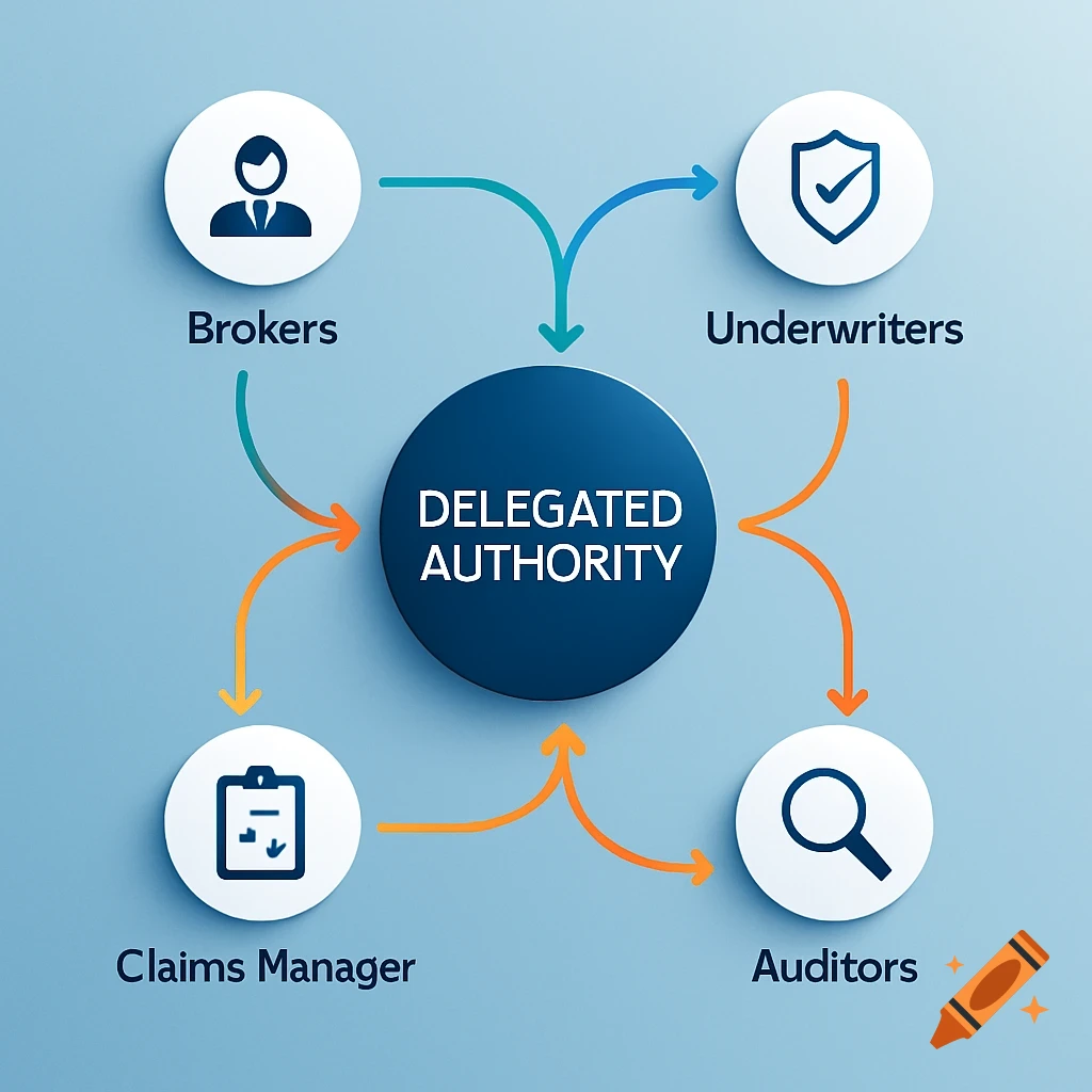 A business diagram illustrating a workflow for delegated authority with roles like Brokers, Underwriters, Claims Manager, and Auditors.